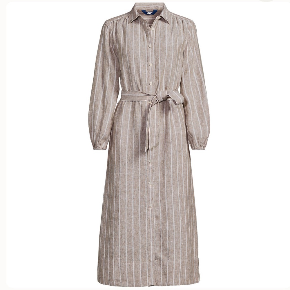 Lands' End Beige Stripe Long Sleeve Dress